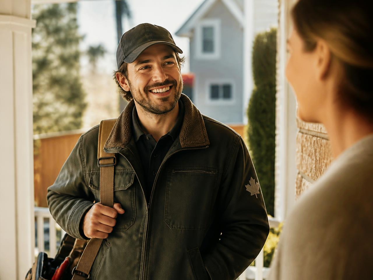 A local professional greeting a customer at their front door in a Canadian neighbourhood